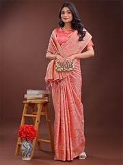 Peach Pink Linen Cotton Saree with Golden Zari Leaf Design & Elegant Pallu – Festive | Office | Daily Wear