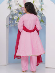Girls Pink Embroidered Angrakha Kurta with Trousers with dupatta