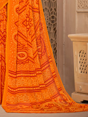 Women's Chiffon Orange Printed DesignerSaree With Blouse Piece