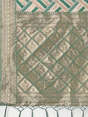 Elegant Pink & Cream Linen Saree with Geometric Design and Zari Border – Festive & Party Wear