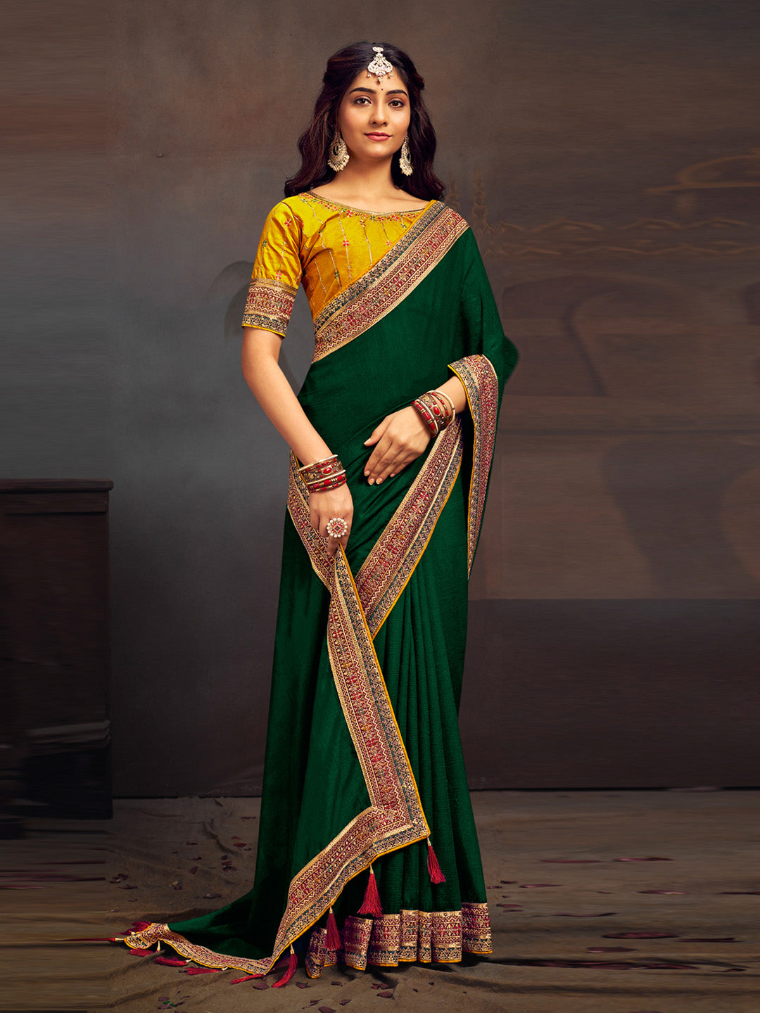 Women's Vichitra Silk Green Embroidered Designer Saree With Blouse Piece