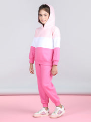Girls Pink & White Color Blocked Tracksuit