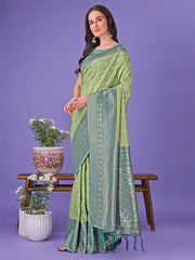 Vibrant Yellow & Blue Lichi Silk Saree with Rich Woven Border and Contrast Blouse – Festive & Wedding Wear