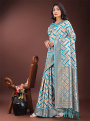 Elegant Pink & Cream Linen Saree with Geometric Design and Zari Border – Festive & Party Wear