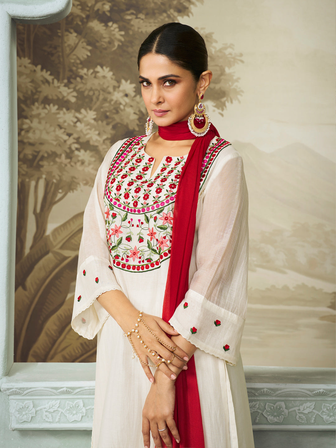 Off White Embroidered Yoke Straight Kurta Set With Dupatta.