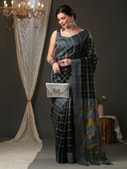 Women's Aura Silk Black WovenDesign DesignerSaree With Blouse Piece