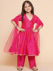 Silk blend Woven Three-Quarter Sleeves Embroidered A Line Kurta And Palazzo With Dupatta Set - Pink