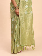 Sky Blue Linen Cotton Saree with Silver Zari Weave & Tassels – Festive & Elegant Office Wear