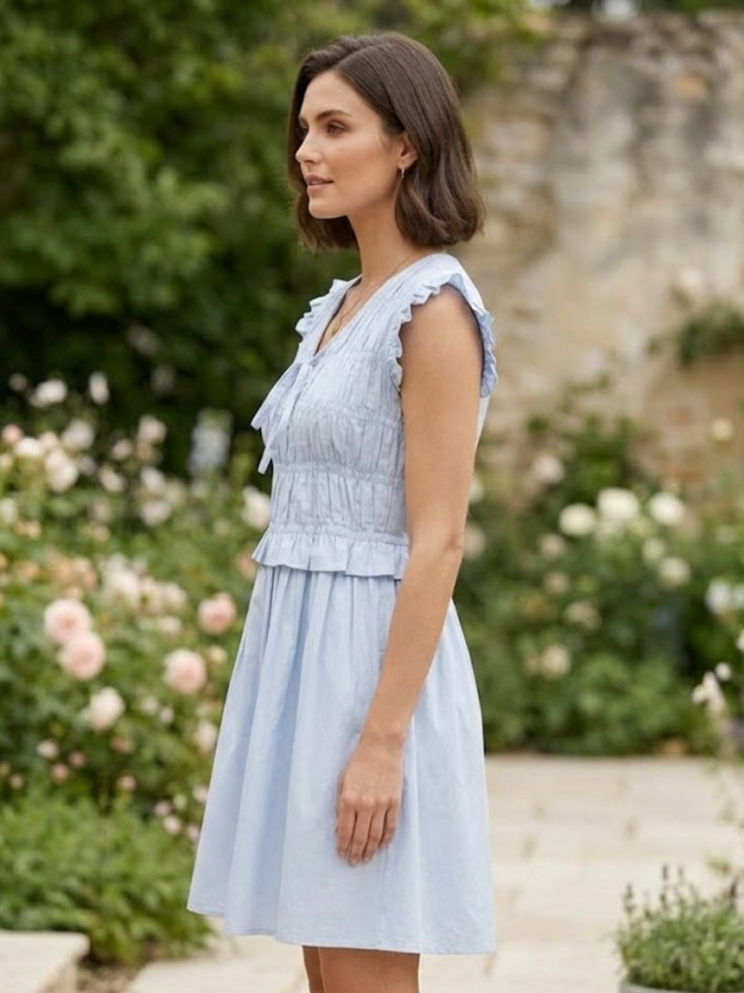 Blue V Neck Cotton Smocked Dress-ADR-19896