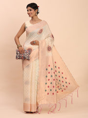 Elegant Linen Cotton Saree with Woven Pallu, Big Butta Work & Tassels - Office & Festive Wear