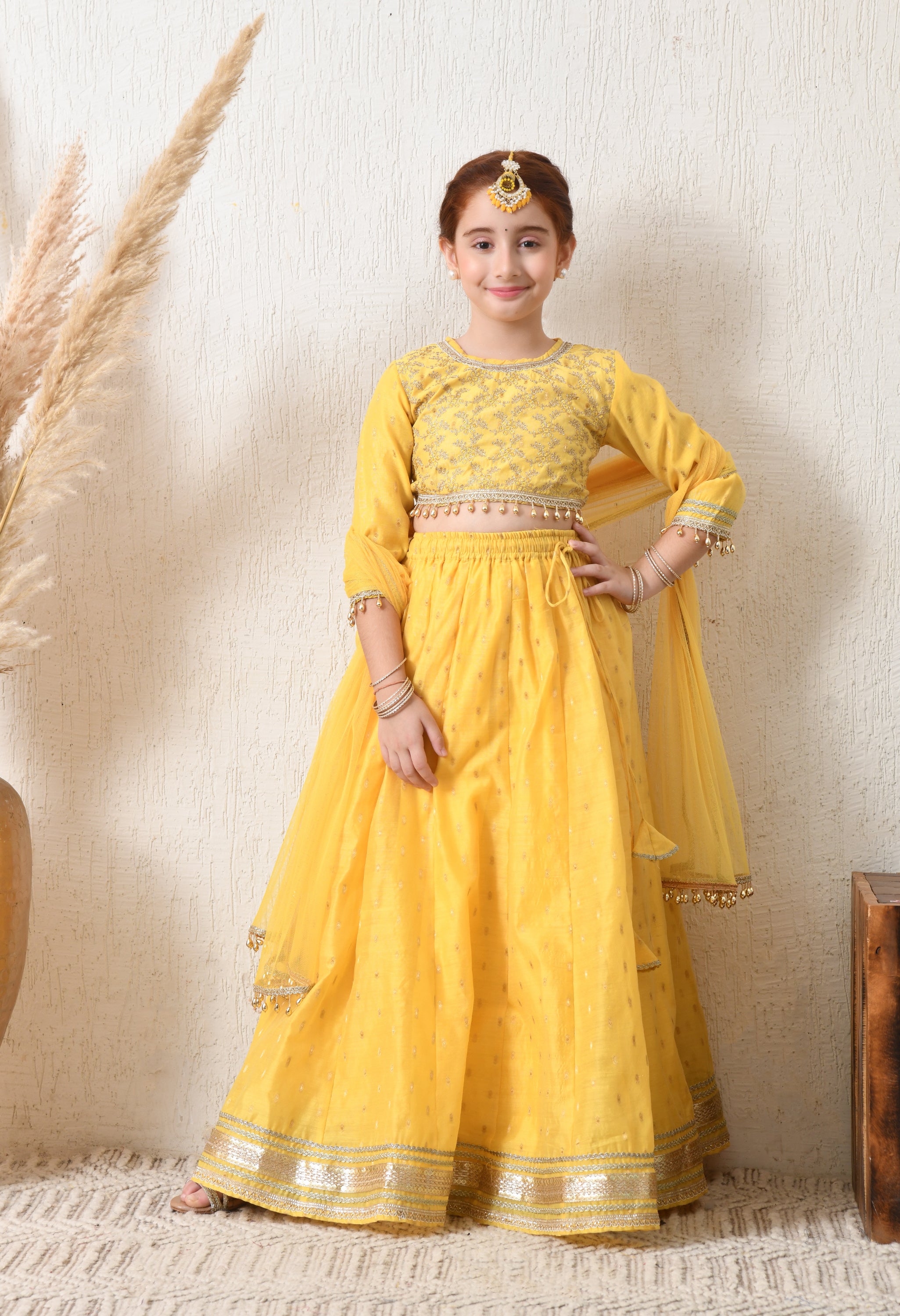 Girls Yellow Embroidered Lehenga Choli Set with Net Dupatta
