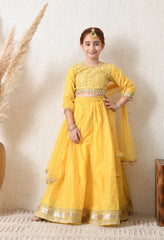 Girls Yellow Embroidered Lehenga Choli Set with Net Dupatta