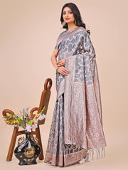 Elegant Sea Green Linen Cotton Saree with Silver Zari Border & Geometric Weave – Daily, Office & Festive Wear