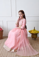 Girls Pink Embroidered Lehenga Choli Set with Net Dupatta