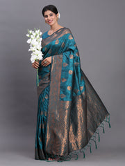 Navy Blue Banarasi Silk Saree with Copper Zari Woven Pallu & Feather Butta – Wedding & Festive Wear