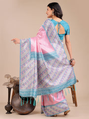 Radiant Sky Blue Silk Saree with Pink & Blue Floral Pattern – Perfect for Weddings & Festive Glamour