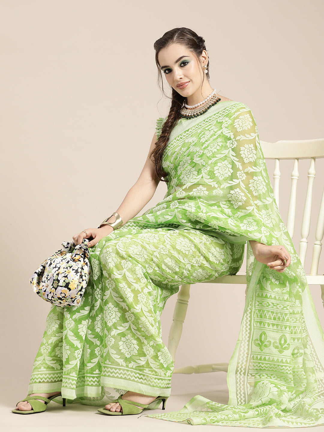 Women's Brasso Green Printed DesignerSaree With Blouse Piece