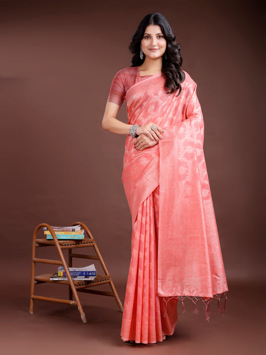 Elegant Peach Pink Linen Cotton Saree for Women – Soft Lightweight Saree with Subtle Self-Weave & Tassel Pallu