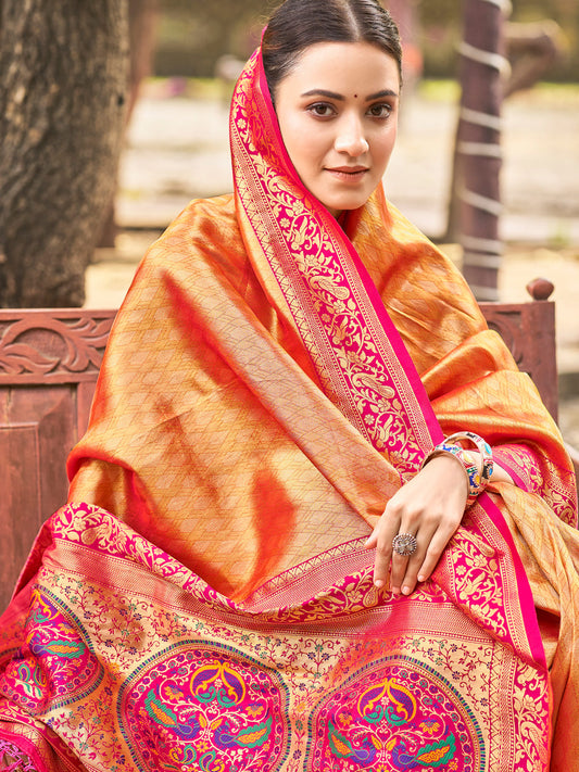 Traditional Kanjivaram Silk Saree in Orange with Grand Zari Pallu and Matching Blouse
