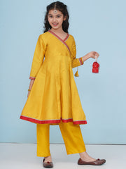 Solid Three-Fourth Sleeves Above Knee Length Silk Kurta With Trousers - Yellow