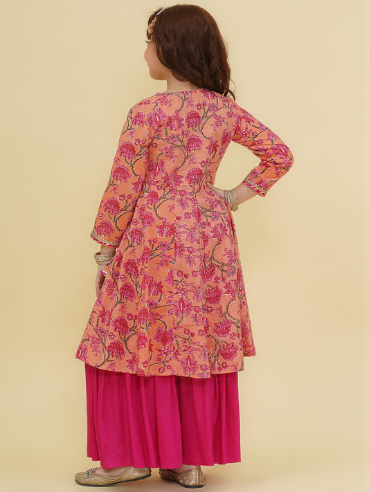 Girls Peach Floral Printed Angrakha Kurta with Sharara