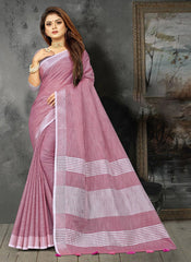 Elegant Peach Woven Linen Saree with Contrast Zari Border & Tassels – Soft & Breathable Party Wear