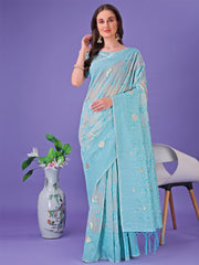Light Green Lichi Silk Saree with Floral Weaving & Tassel Pallu – Elegant Festive & Party Wear Saree