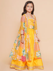 Girls Yellow Floral Print Top & Shrug With Ready to wear Skirts