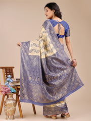 Graceful Cream and Navy Blue Silk Saree – Traditional Elegance with Royal Charm