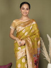 Green Floral Linen Cotton Saree with Zari Border & Digital Printed Pallu – Elegant Sari for Festive Occasions