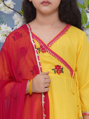 Girls Yellow Embroidered Angrakha Kurta with Trousers with dupatta