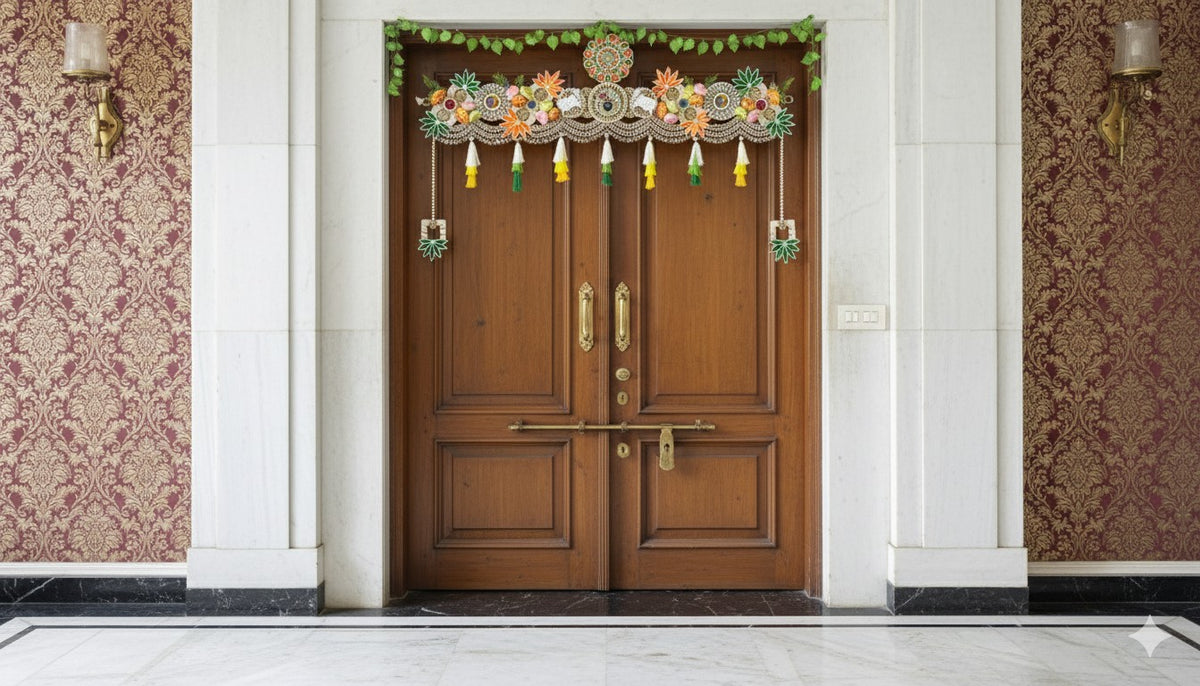 Decorative Handmade Toran Door Valance, Green Orange Floral Design with Kundan, Jarkan & handmade patches Work, Pearl Beading, Tassel Trim, Traditional Indian Style