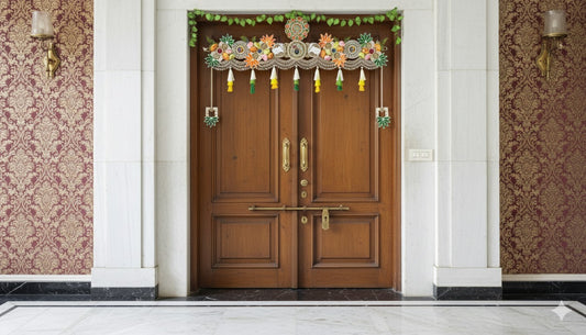 Decorative Handmade Toran Door Valance, Green Orange Floral Design with Kundan, Jarkan & handmade patches Work, Pearl Beading, Tassel Trim, Traditional Indian Style