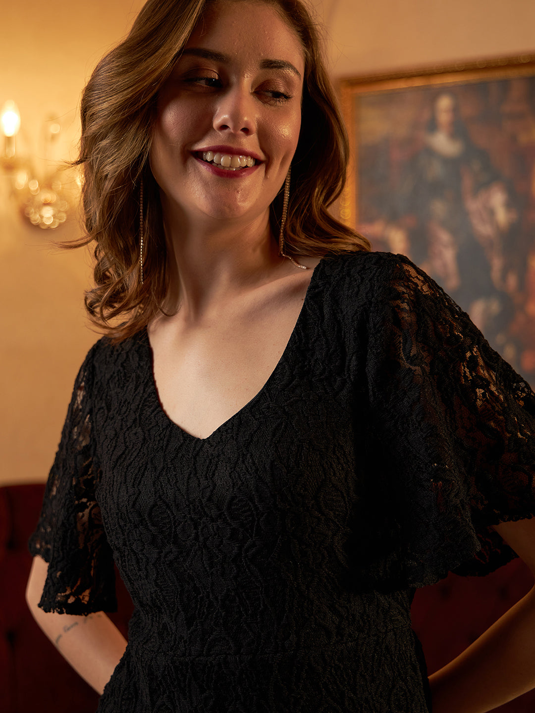 Floral Self Design V-Neck Bell Sleeves Backless Lace Detail A-Line Dress