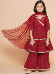 Girls Maroon Ethnic Motifs Printed Angrakha Gotta Patti Kurta With Sharara & Dupatta
