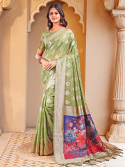 Floral Linen Cotton Saree with Zari Border & Digital Printed Pallu - Elegant Sari for Festive Occasions