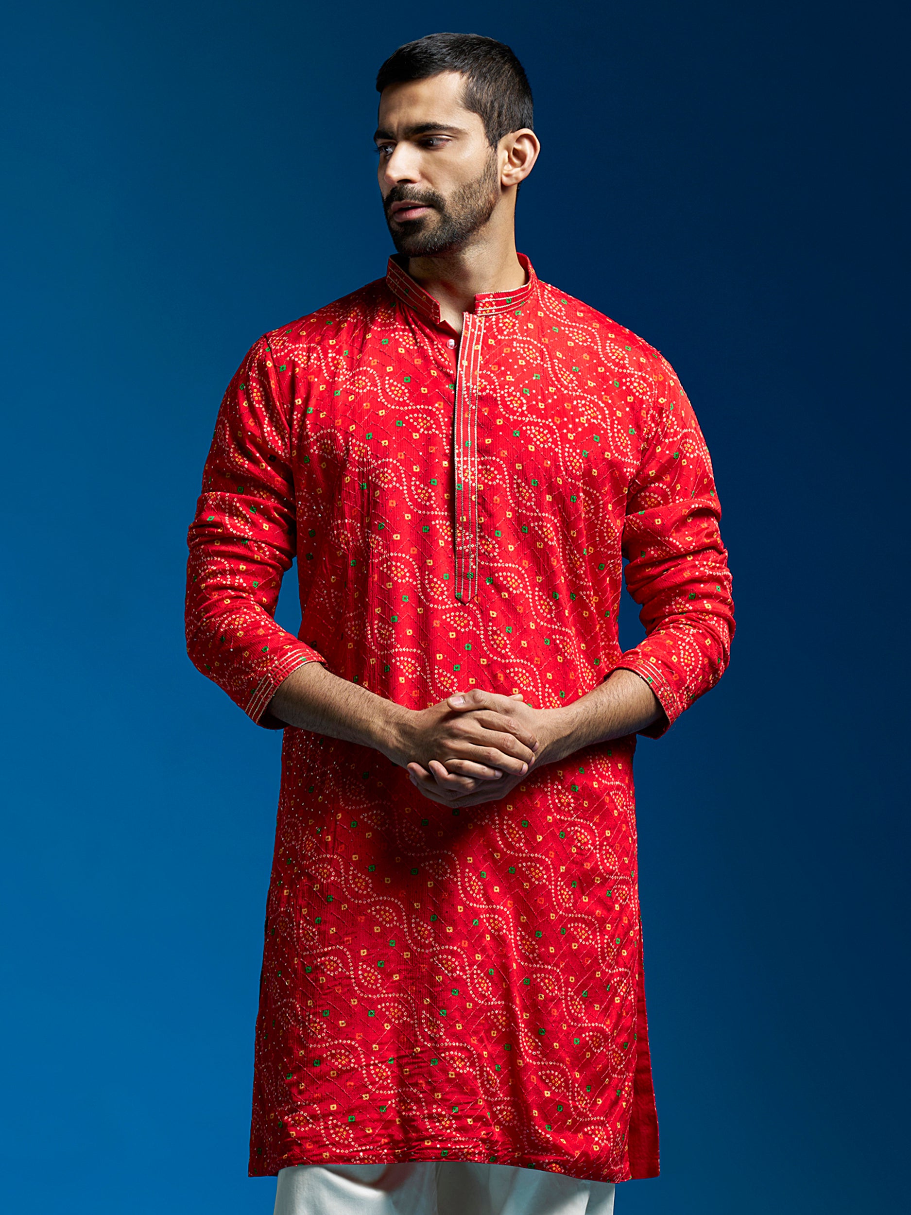 Red Chinon Kurta for Men