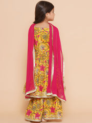 cotton  Woven Sleeveless Floral Print A Line Kurta And Sharara With Dupatta Set - Yellow