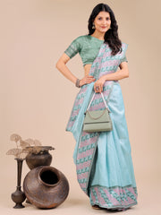 Radiant Sky Blue Silk Saree with Pink & Blue Floral Pattern – Perfect for Weddings & Festive Glamour