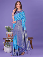 Vibrant Yellow & Blue Lichi Silk Saree with Rich Woven Border and Contrast Blouse – Festive & Wedding Wear