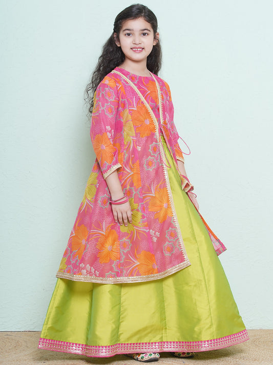 Girls Pink & Green Floral Printededed Ready to Wear Lehenga & Blouse with Shrug