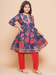 Girls Navy Blue Red Printed Anarkali Kurta & Palazzos