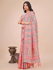 Elegant Pink Jacquard Linen Cotton Saree with Traditional Multicolor Weave & Tassel Pallu – Festive & Casual Wear for Women