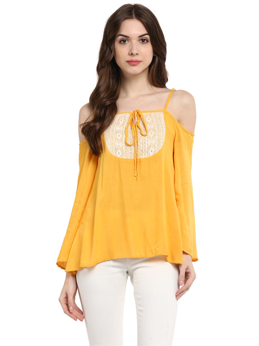 Women's Mustard Yellow Rayon Cold Shoulder Top