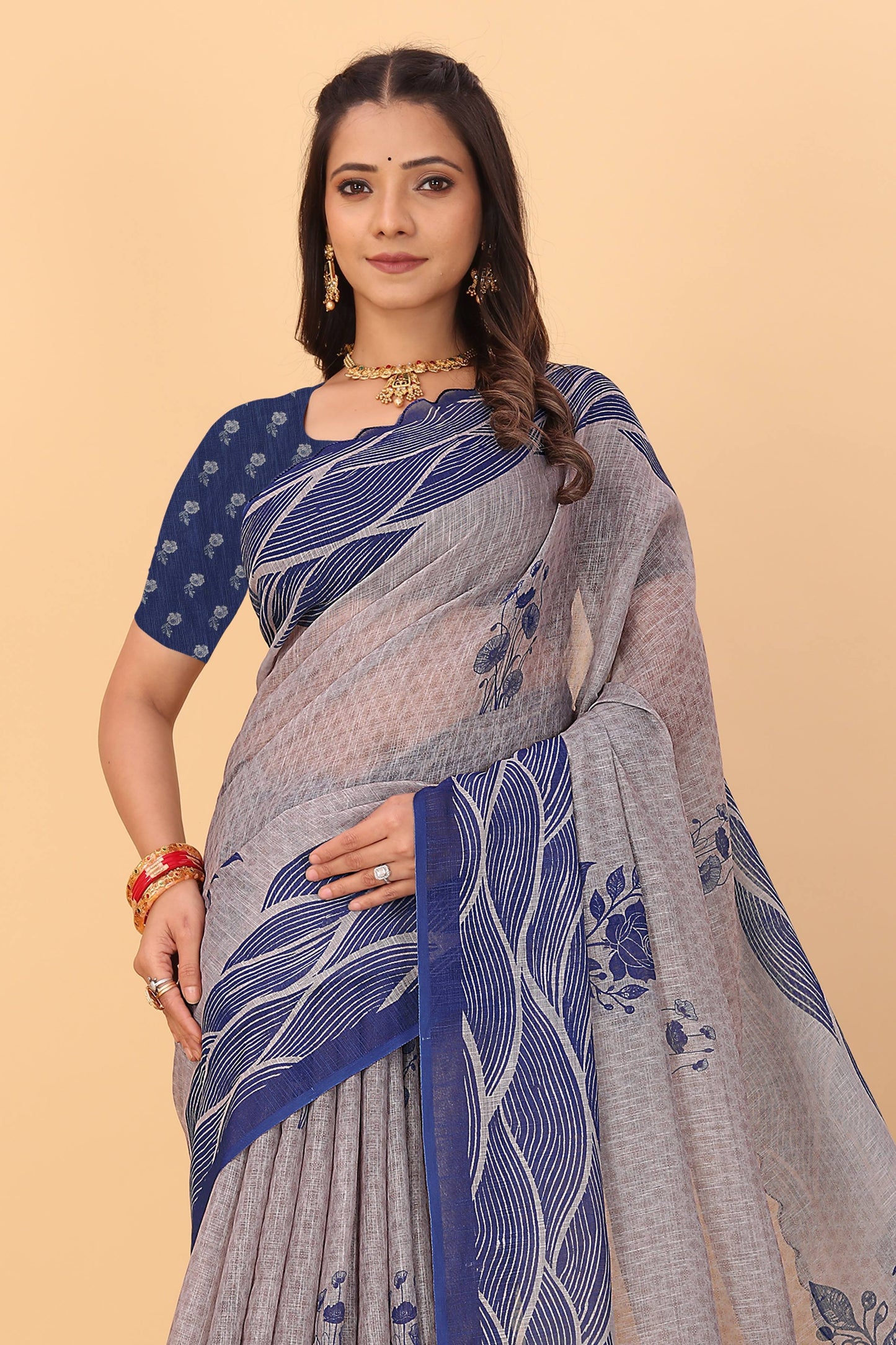 Soft linen saree with shaded style prints and cutwork