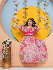 Silk Woven Sleeveless Flower Print Flared Frock - Pink