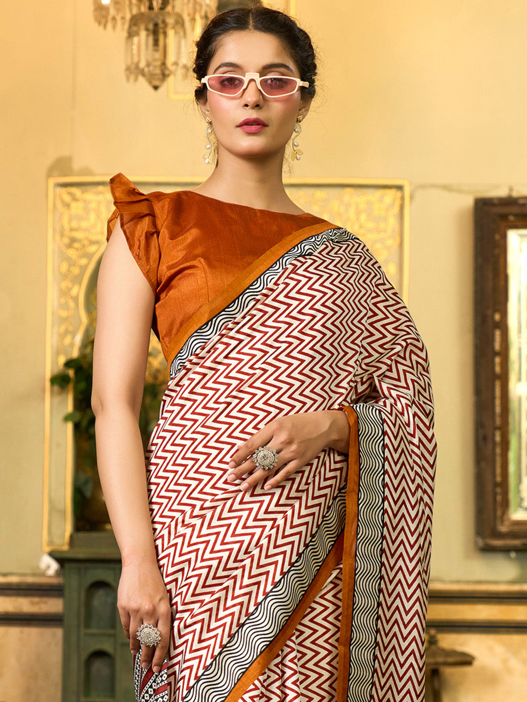 Women's Bhagalpuri Silk Off White Printed Designer Saree With Blouse Piece