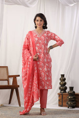 Women Peach  Floral Printed Embroidered Kurta Paired With Chevron Printed Bottom And Dupatta
