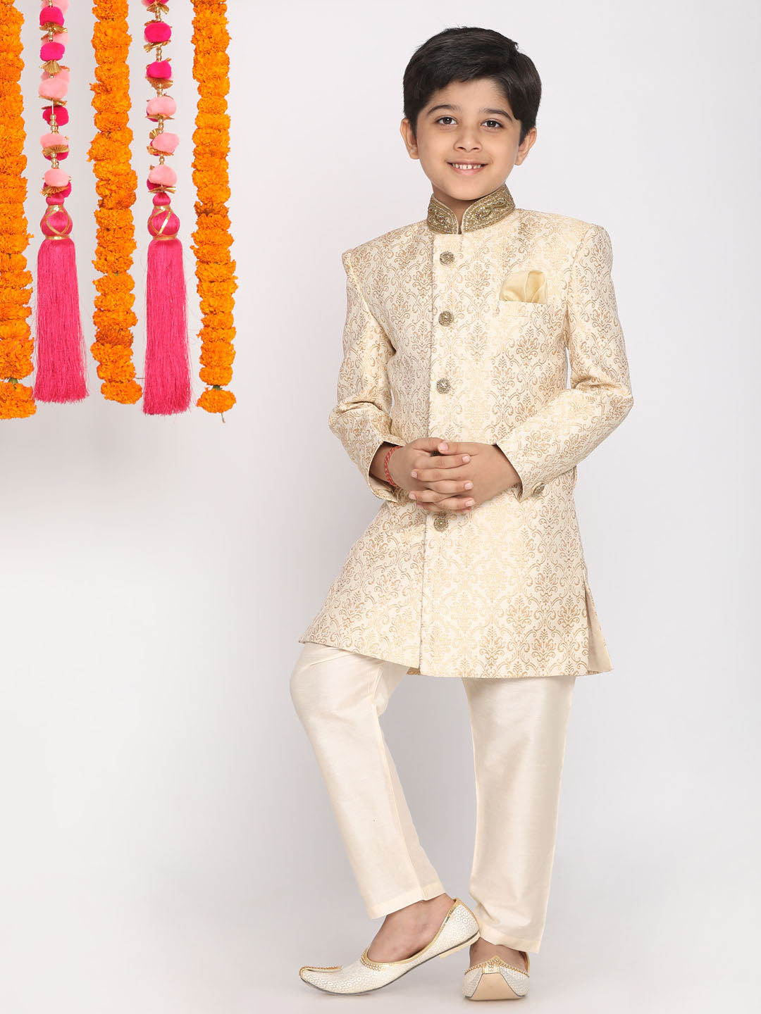 Boys' Gold And Beige Sherwani And Pyjama Set