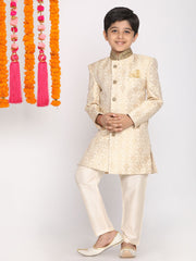 Boys' Gold And Beige Sherwani And Pyjama Set